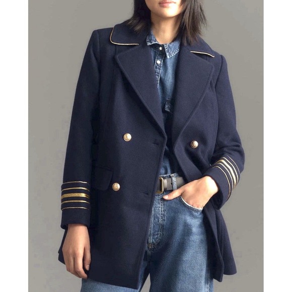 Anthropologie Maeve Wool Military Peacoat S Small Navy Gold Jacket Preppy Retro